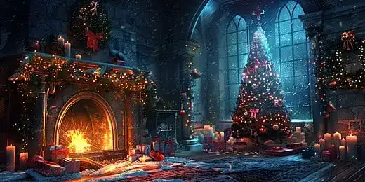 przytulny wiecz&oacute;r filmowy w święta, kominek, koc, gorąca czekolada