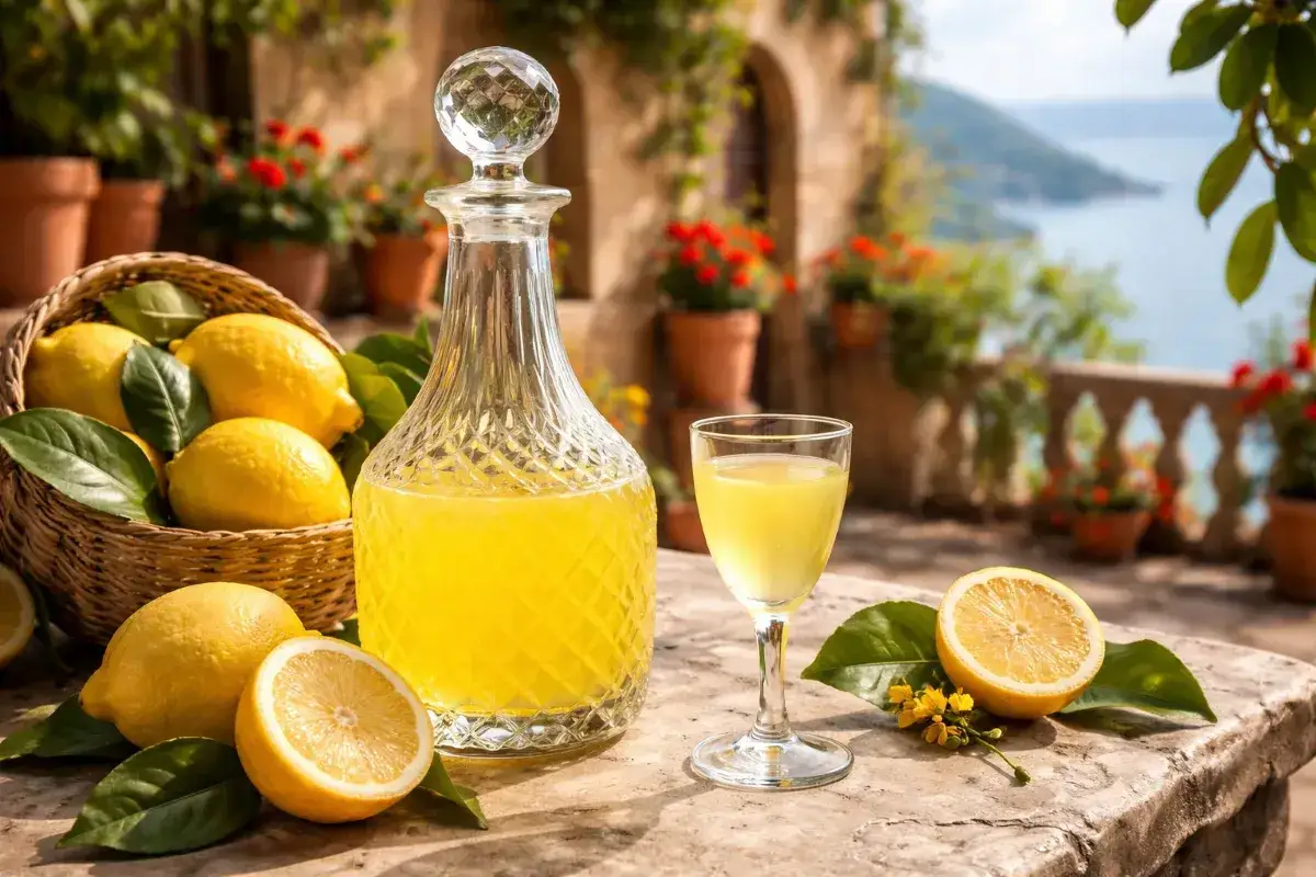 Jak pić limoncello? Słoneczny włoski krajobraz, koszyk cytryn, karafka i kieliszek tego orzeźwiającego likieru. Idealny sposób na zakończenie dnia.