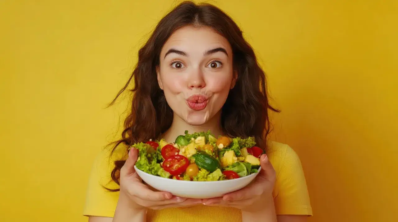 Dziewczyna z wyrazem twarzy sugerującym radość z jedzenia dużej ilości sałaty, trzymająca miskę pełną świeżych warzyw.