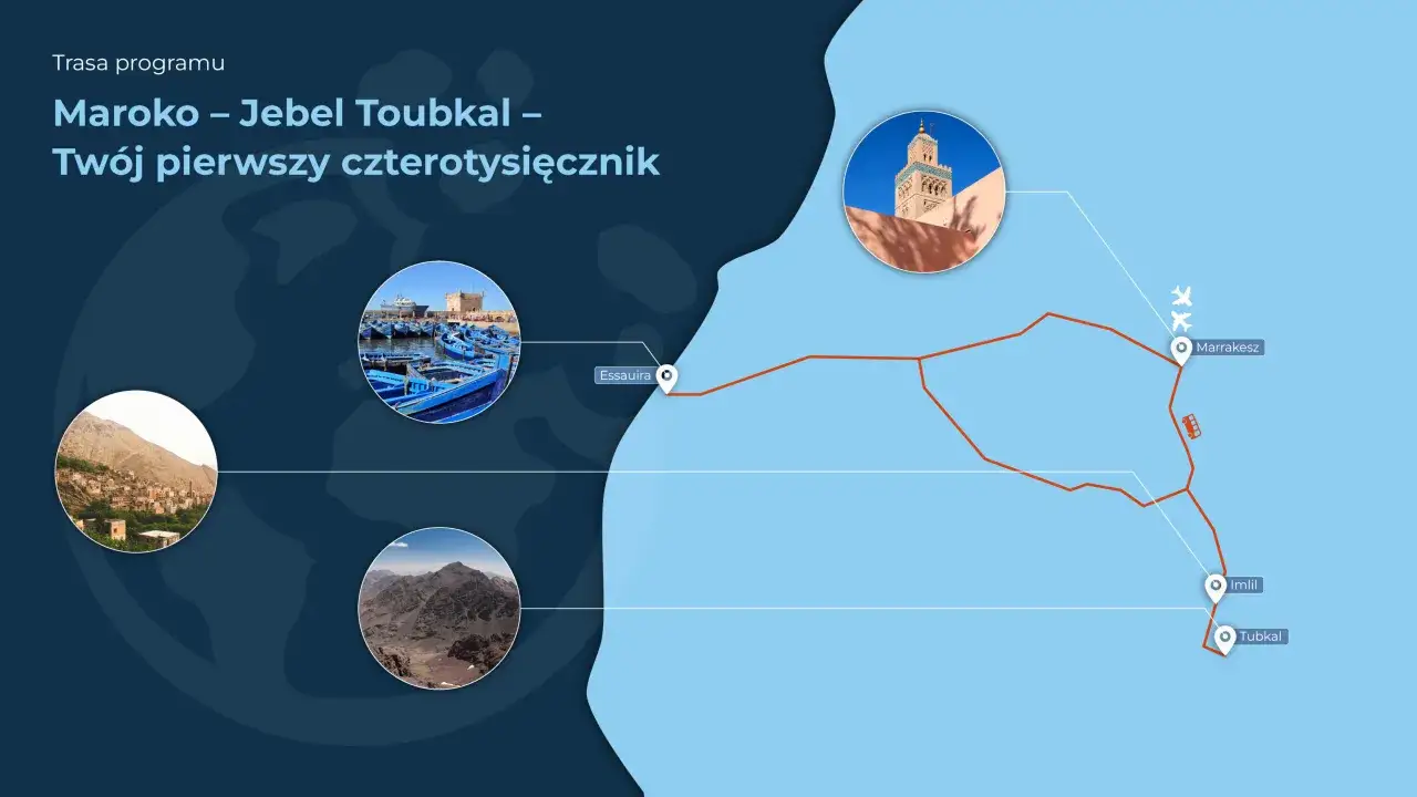 Trasa Maroko &ndash; Jebel Toubkal: malownicze widoki, port w Essauirze, meczet w Marrakeszu i g&oacute;ry.