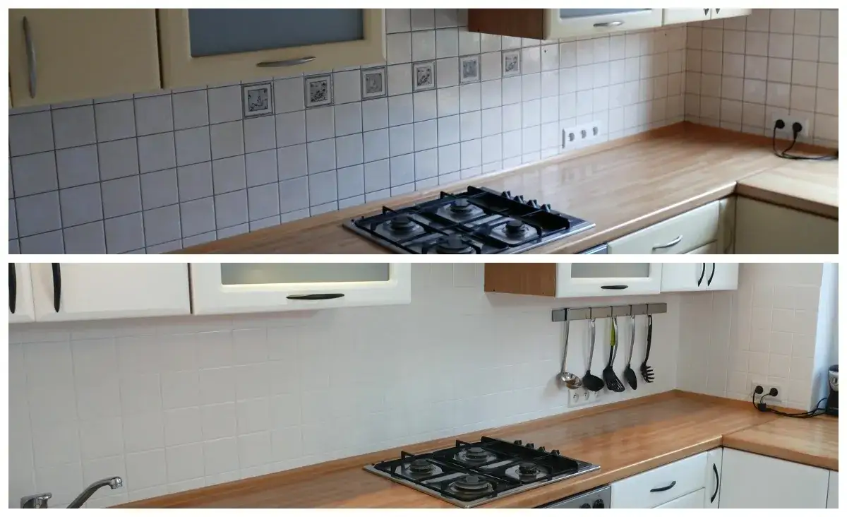 kuchnia przed i po malowaniu płytek