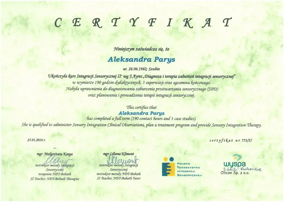 certyfikat terapeuty integracji sensorycznej