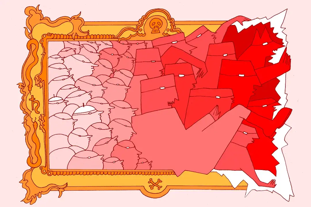 Grafika przedstawiająca dwie dłonie ściskające się lub odpychające, symbolizujące napięcie między tożsamością narodową a wartościami demokratycznymi