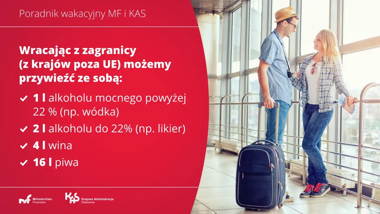 Poradnik wakacyjny: ile litrów alkoholu można przewieźć samolotem z krajów poza UE? 1l mocnego, 2l do 22%, 4l wina, 16l piwa.