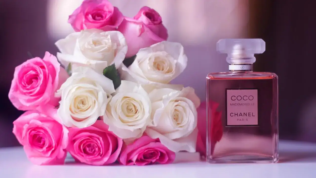 Eleganckie perfumy Chanel Coco Mademoiselle obok bukietu róż. Zastanawiasz się, ile kosztują perfumy tej marki?