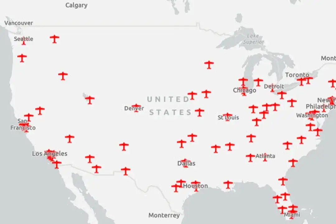 mapa USA lotniska wschodnie i zachodnie wybrzeże