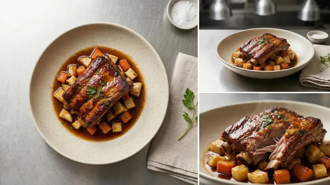 Soczyste żeberka w sosie, podane z pieczonymi warzywami. Idealny przykład, jak dusić mięso, by było kruche i aromatyczne.