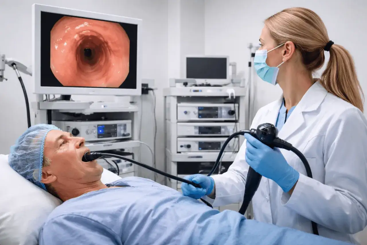 Lekarz wykonuje bronchoskopię. Pacjent leży na ł&oacute;żku, a lekarz wprowadza endoskop. Na monitorze widać obraz z wnętrza dr&oacute;g oddechowych.