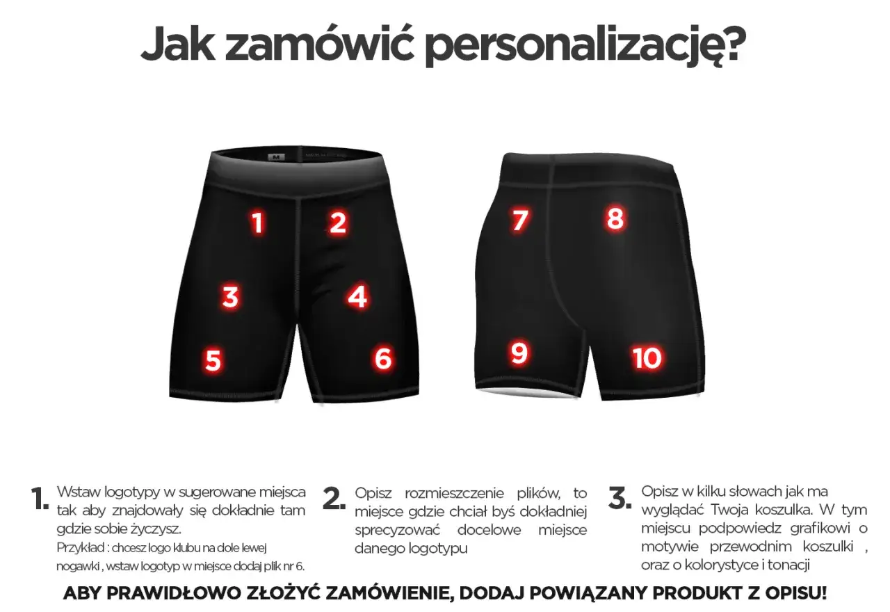 Czarno-białe spodenki koszykarskie z numerowanymi miejscami na personalizację.