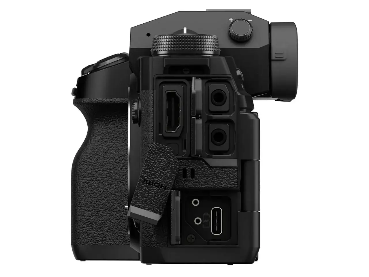 Boczny widok aparatu Fujifilm XH2S z portami HDMI, USB-C i gniazdami na akcesoria.