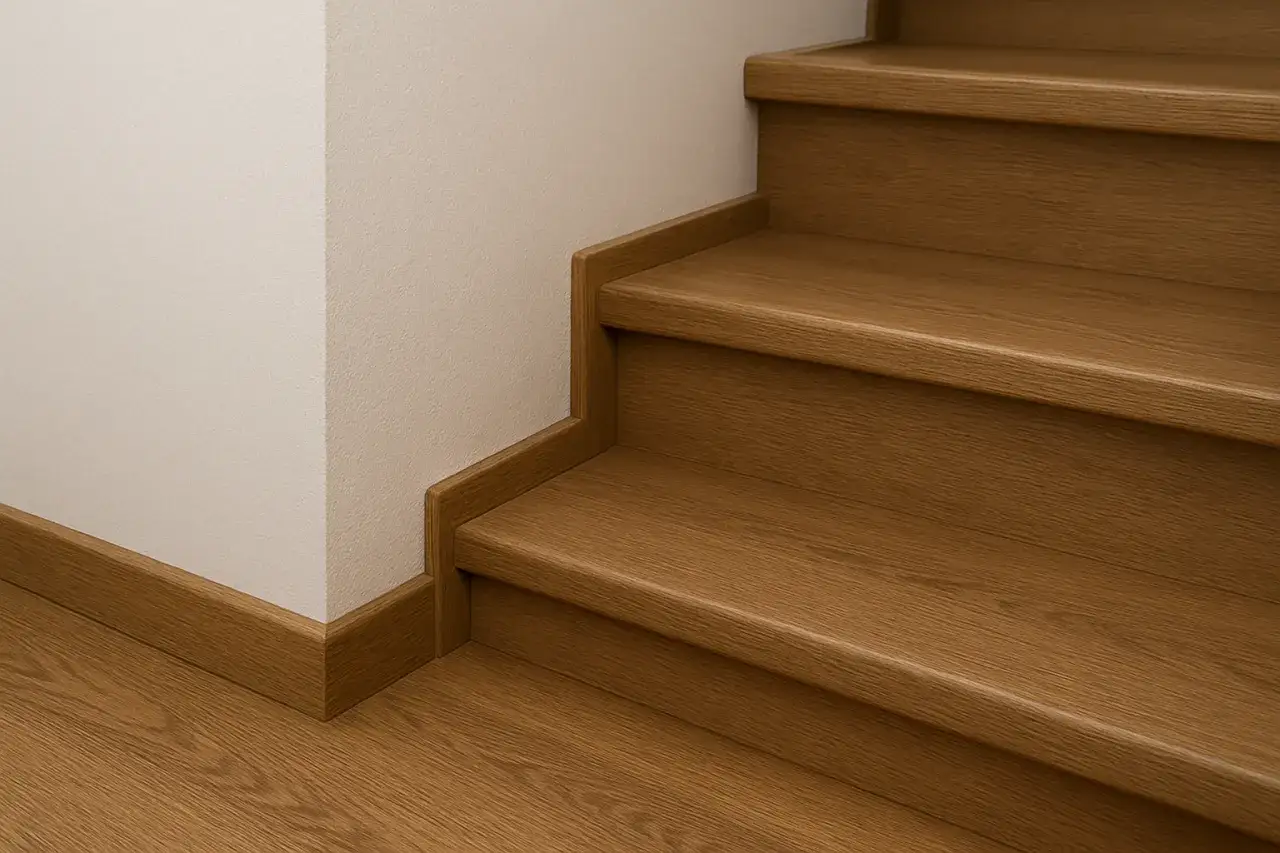 Eleganckie wykończenie schodów listwami drewnianymi, tworzące spójną całość z podłogą i ścianą.