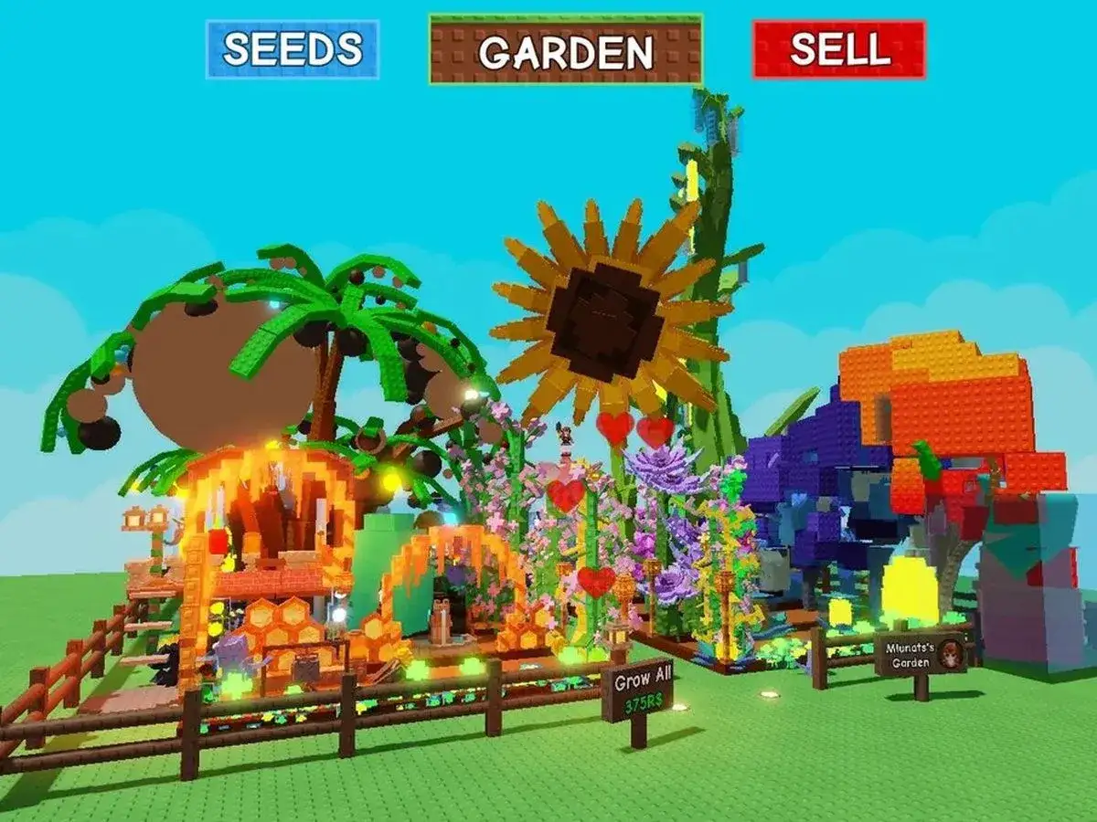 Kolorowy ogr&oacute;d z klock&oacute;w, gdzie można kupić nasiona, rozwijać sw&oacute;j ogr&oacute;d i sprzedawać plony. Widoczne palmy, słoneczniki i kwiaty.
