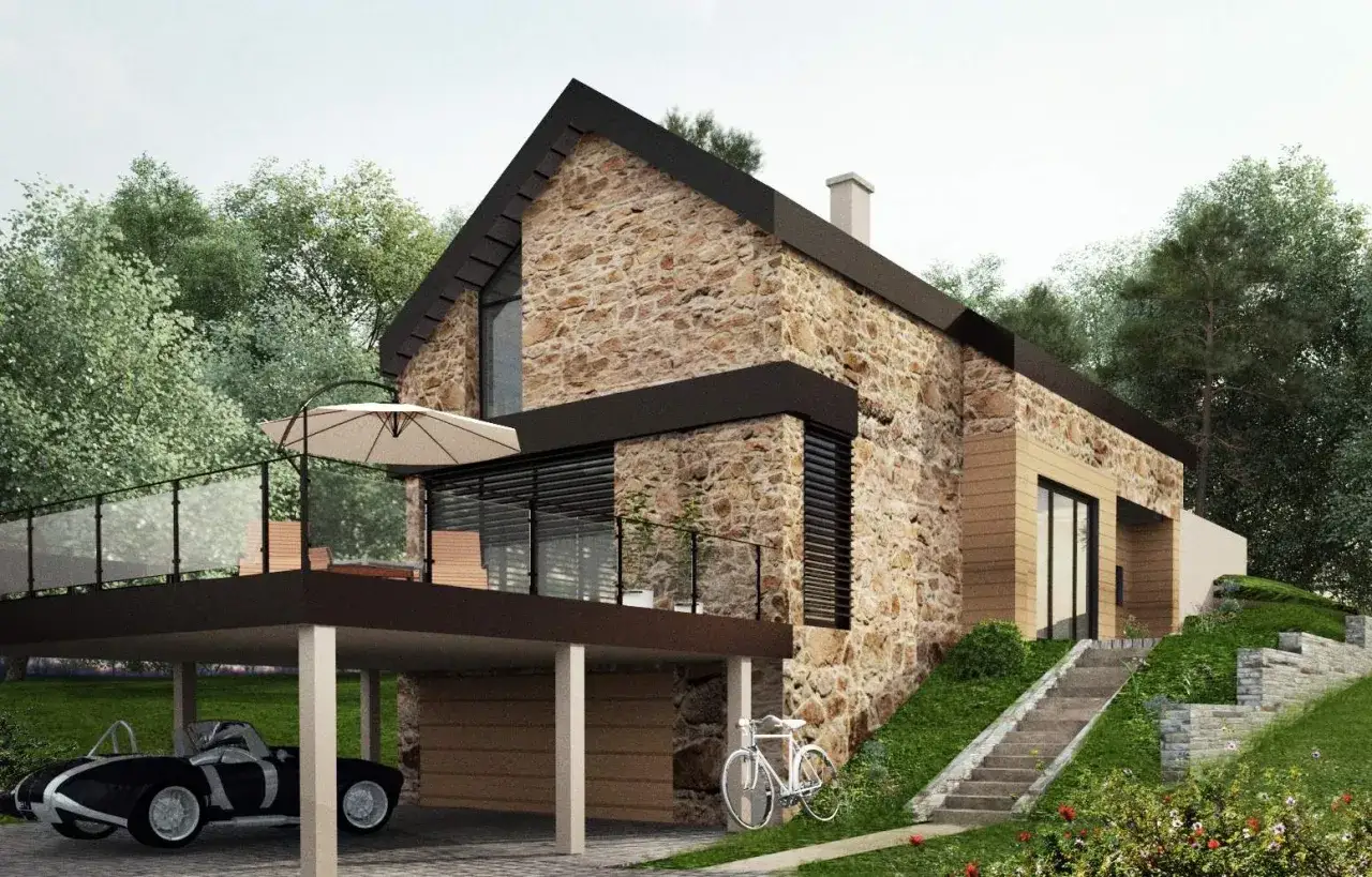 Nowoczesny dom z piaskowca z tarasem, widokiem na las. Obok stoi zabytkowy samoch&oacute;d i rower.