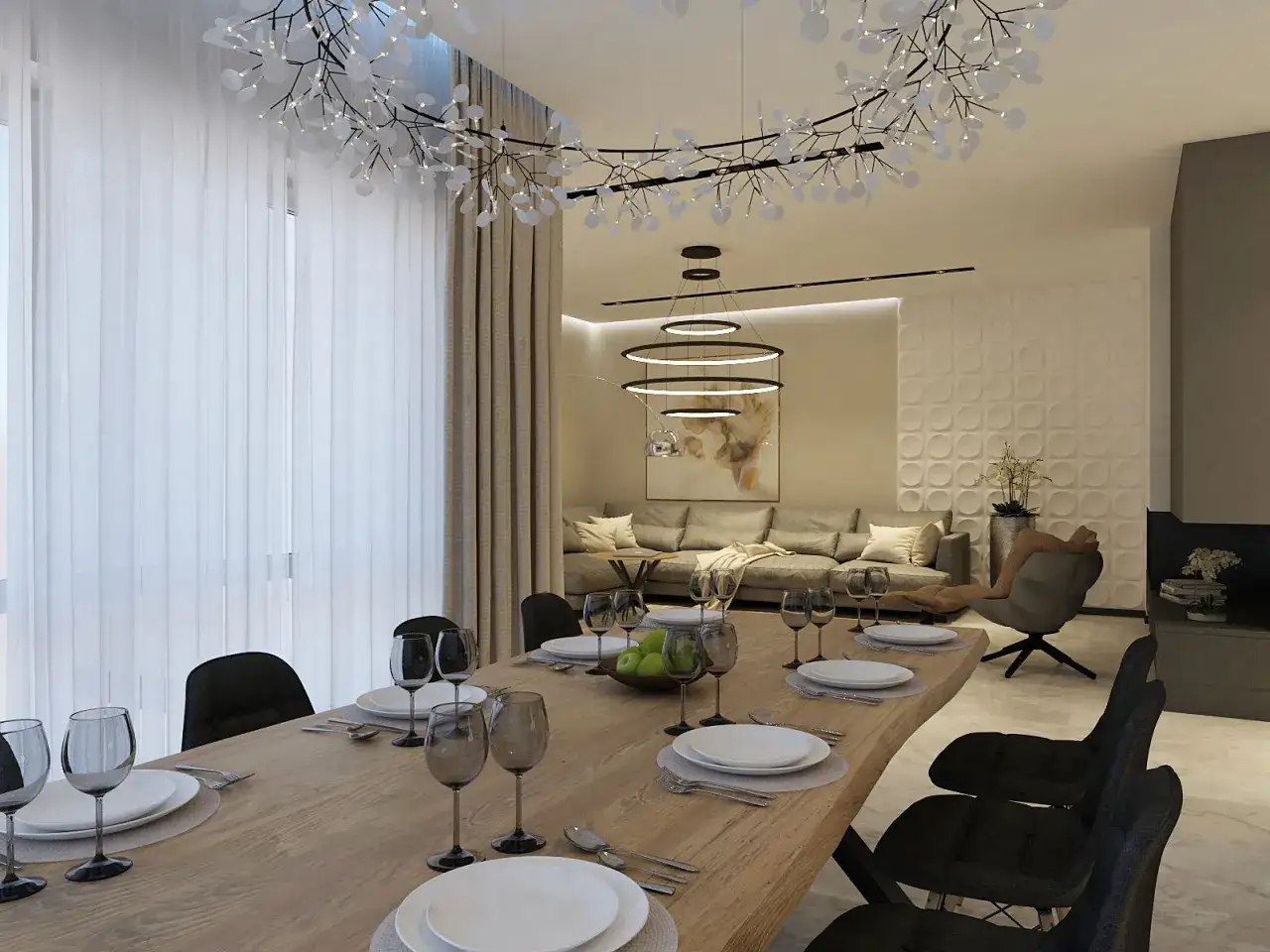 Elegancka jadalnia z nowoczesnym zasłanianiem okien. Długi drewniany st&oacute;ł nakryty do kolacji, obok salon z sofą.