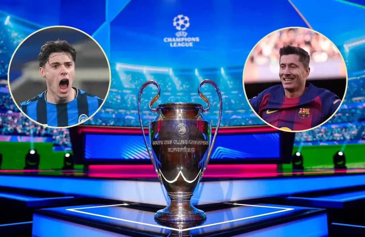 Kiedy losowanie Ligi Mistrzów, Robert Lewandowski i młody piłkarz z pucharem.