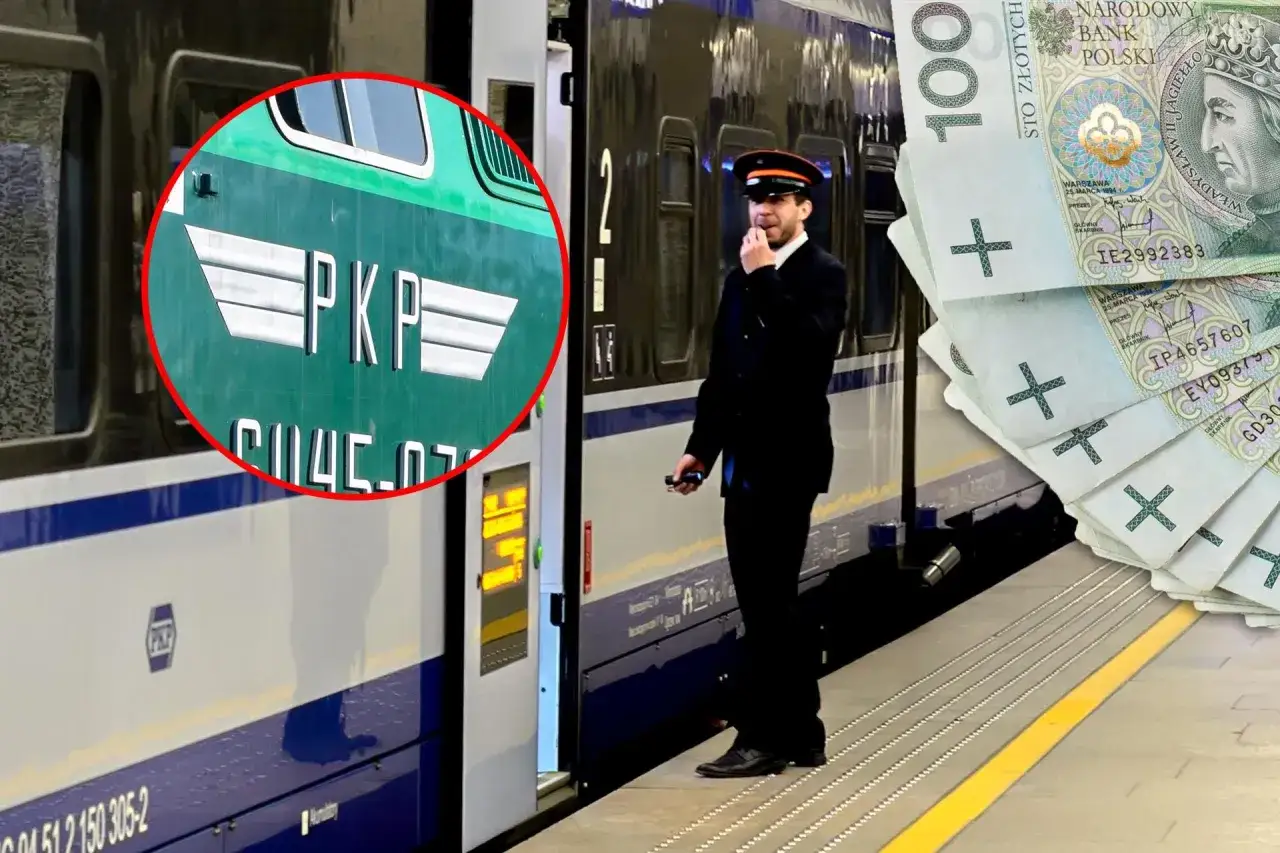 Konduktor Pendolino PKP, stojący przy pociągu, z banknotami 100 zł w tle. Ile zarabia konduktor Pendolino?