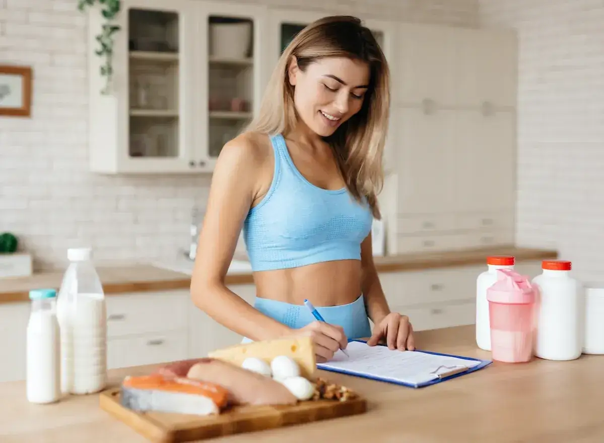 Kobieta w sportowym stroju planuje dietę, na stole produkty bogate w białko i suplementy. Inozytol a odchudzanie - klucz do sukcesu.