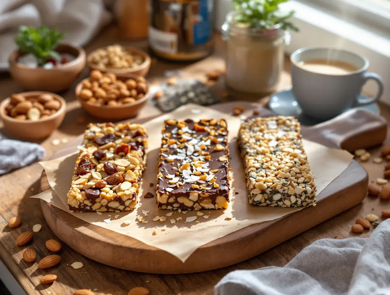 różne domowe batony proteinowe, zdrowe przekąski