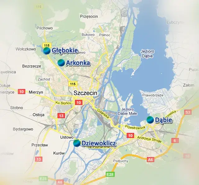 Mapa odległości Szczecin do morza, najbliższe plaże
