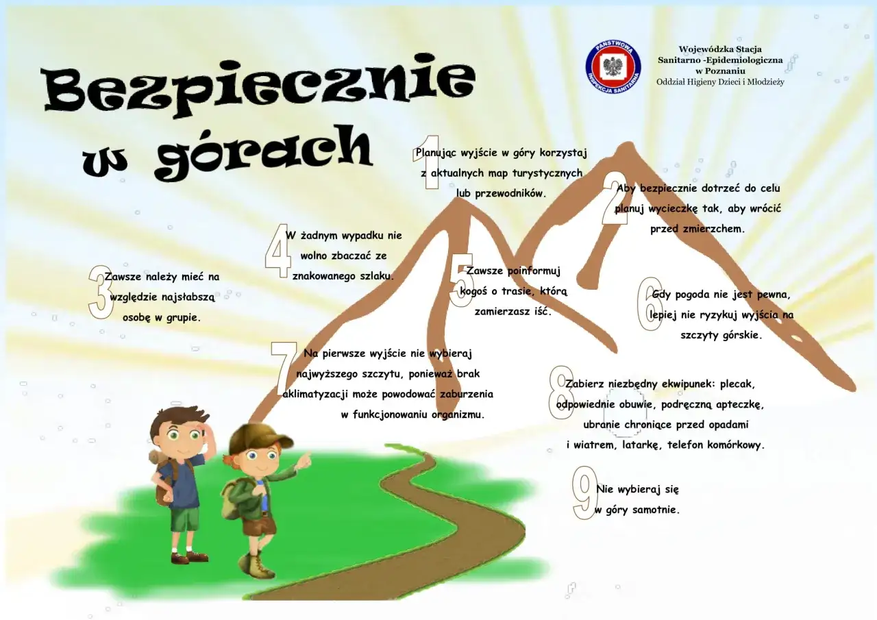 Ilustracja z poradami dotyczącymi bezpieczeństwa w górach. Dzieci przygotowują się do wędrówki, a tekst podkreśla zasady bezpiecznego zdobywania szczytów.