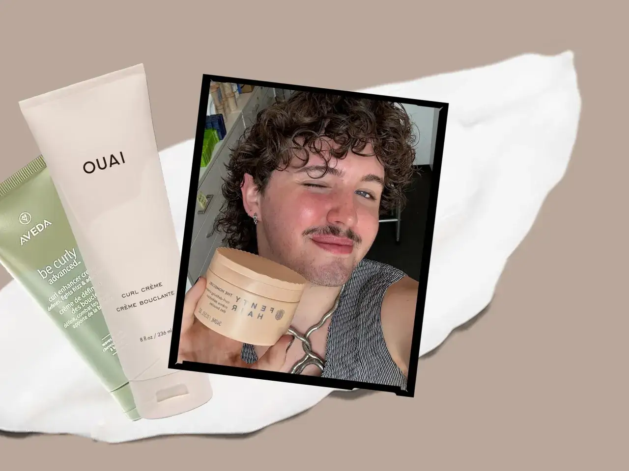 Kremy do loków OUAI i Aveda, oraz słoiczek Fenty Hair. Idealne produkty, czym utrwalić loki, by wyglądały perfekcyjnie.