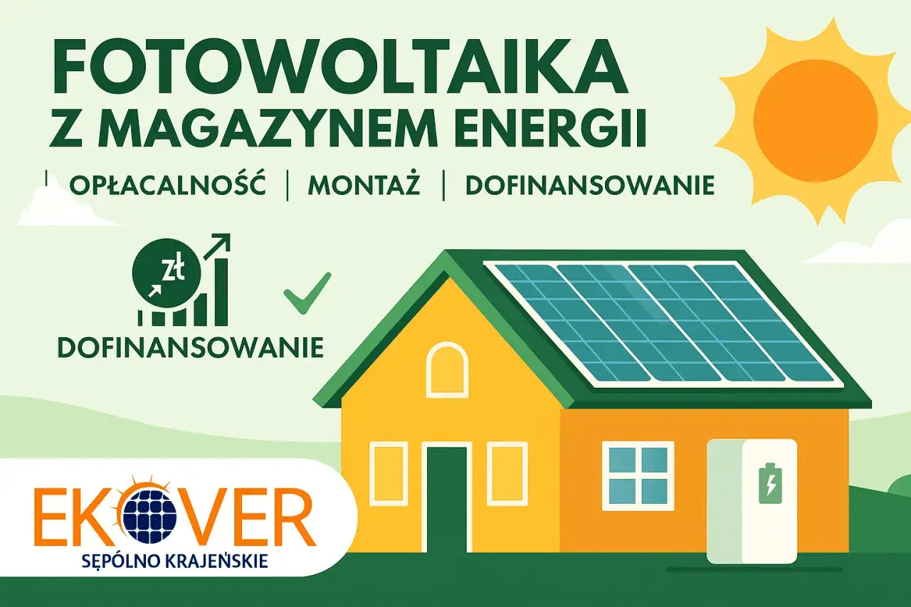 Fotowoltaika z magazynem energii: opłacalność, montaż, dofinansowanie. Dom z panelami słonecznymi i stacją ładowania. Ekoenergia.