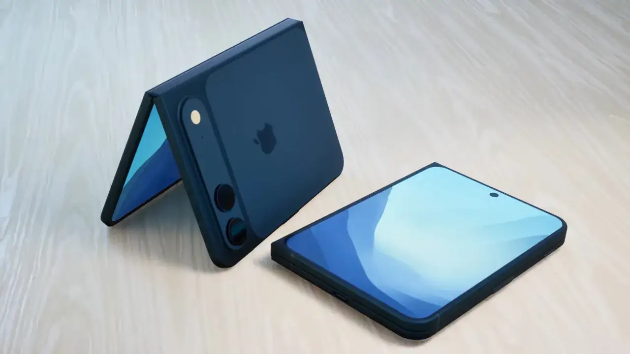 Składany iPhone 17, koncept. Jeden telefon otwarty, drugi zamknięty, oba na drewnianym blacie.