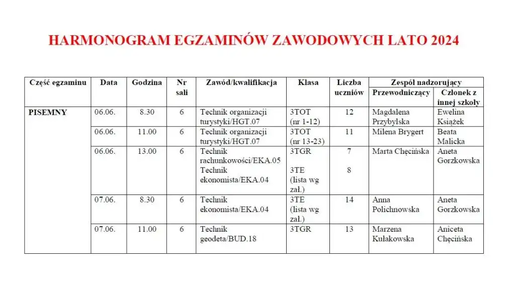 Harmonogram egzaminów zawodowych CKE