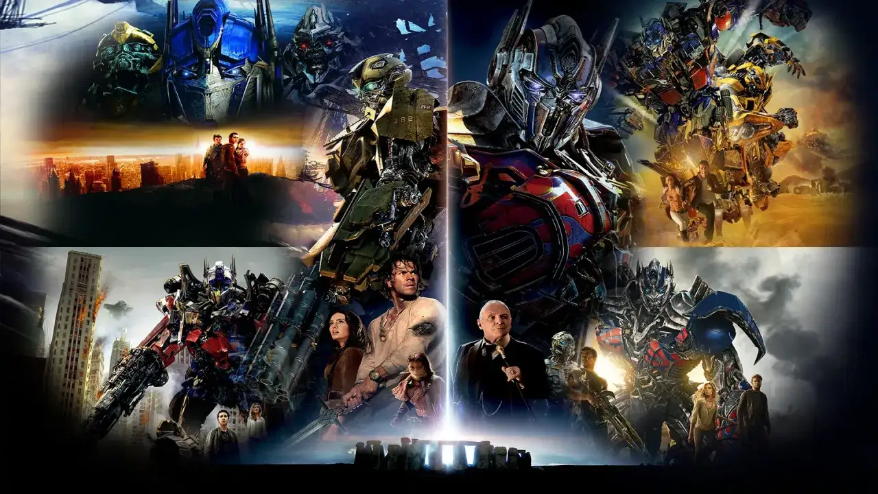 Kolaż z filmu Transformers. Widać tu wiele robotów, w tym Optimusa Prime'a i Bumblebee, a także ludzi. Filmów z tej serii jest kilka, a ten plakat sugeruje, że jest ich wiele.