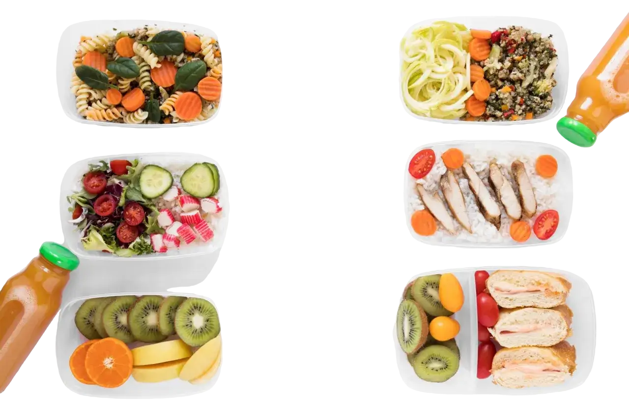 Zastanawiasz się, ile kosztuje catering dietetyczny? Oto przykładowe posiłki: makaron z warzywami, sałatka z krabem, kurczak z ryżem, kanapki i owoce.