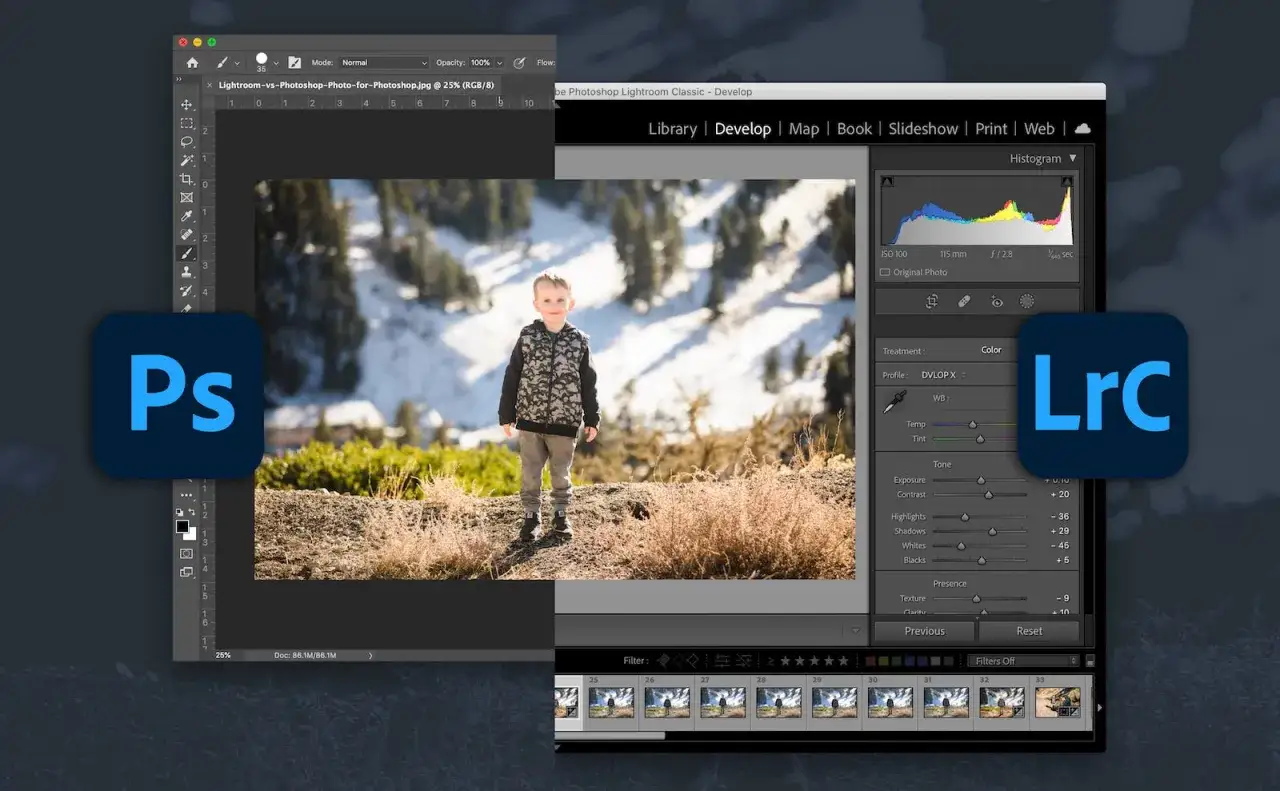 Chłopiec na tle g&oacute;r, edytowany w programach Lightroom i Photoshop.