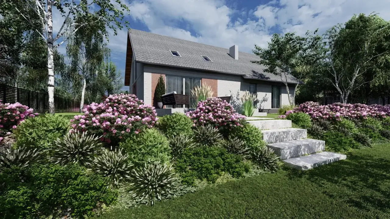 Kwiaty i krzewy tworzą barwną, nowoczesną skarpę w ogrodzie, prowadzącą do domu z szarym dachem.