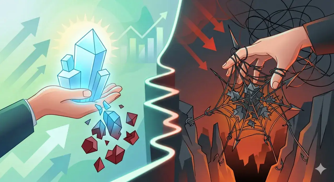 Dwie strony: jasna z kryształami i strzałkami wzrostu, ciemna z pajęczyną i spadającymi strzałkami. To metafora, co to jest pożyczka konsolidacyjna.