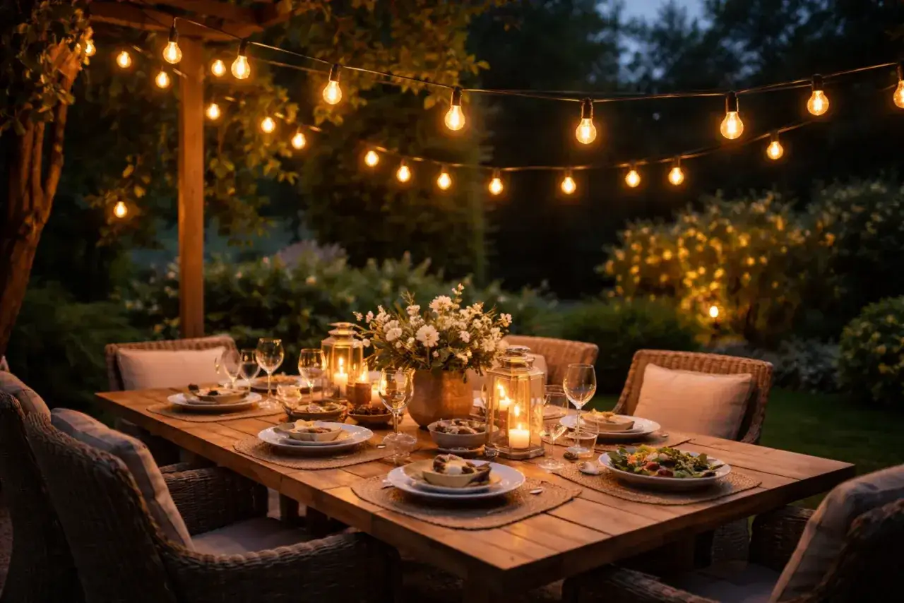 Ustawiony st&oacute;ł na tarasie, oświetlony ciepłym blaskiem żar&oacute;wek z girlandy DIY. Romantyczna kolacja w ogrodzie.