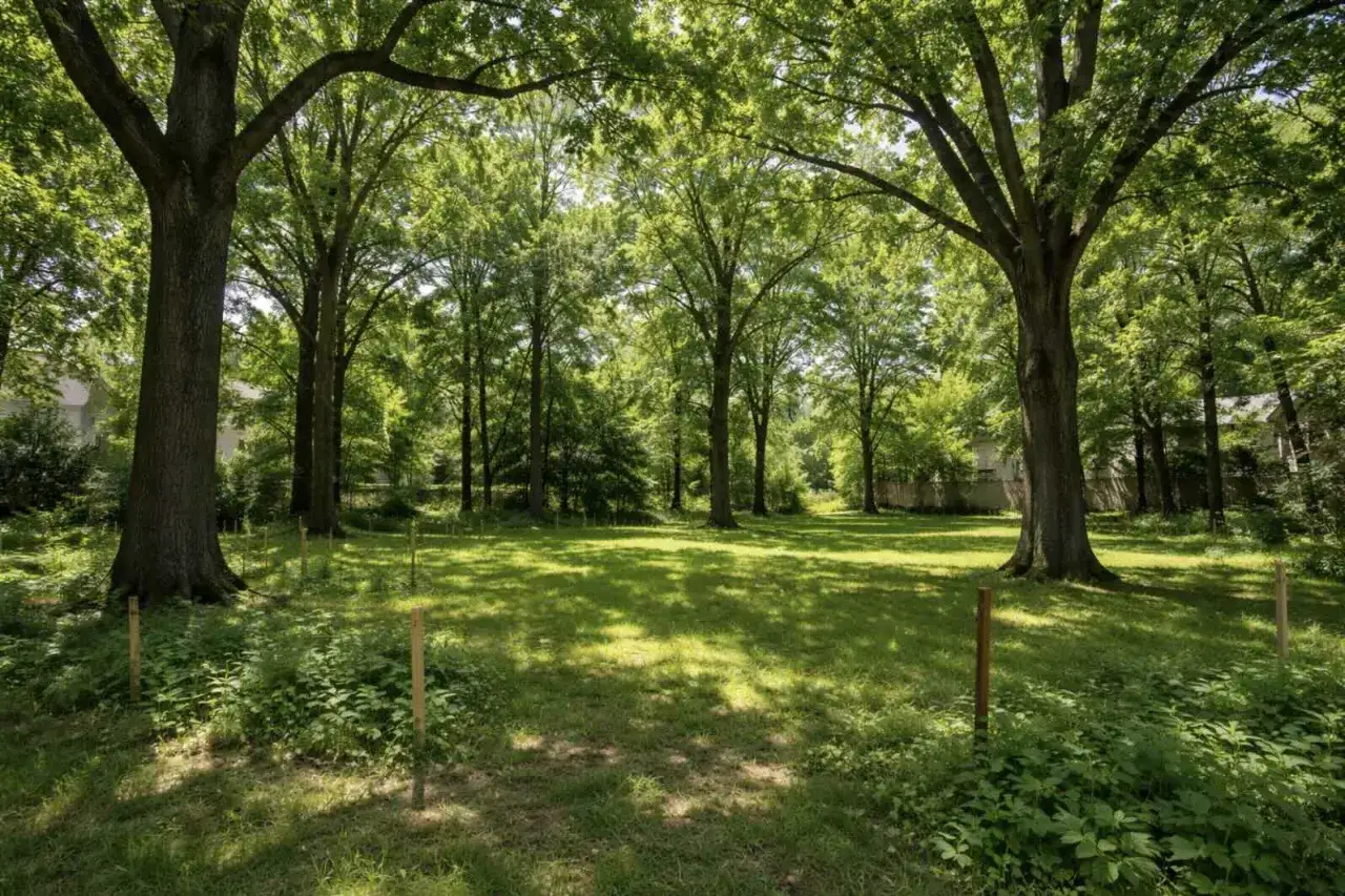 Wycinka drzew na działce budowlanej. Duże drzewa otaczają zieloną polanę, na kt&oacute;rej stoją drewniane paliki.