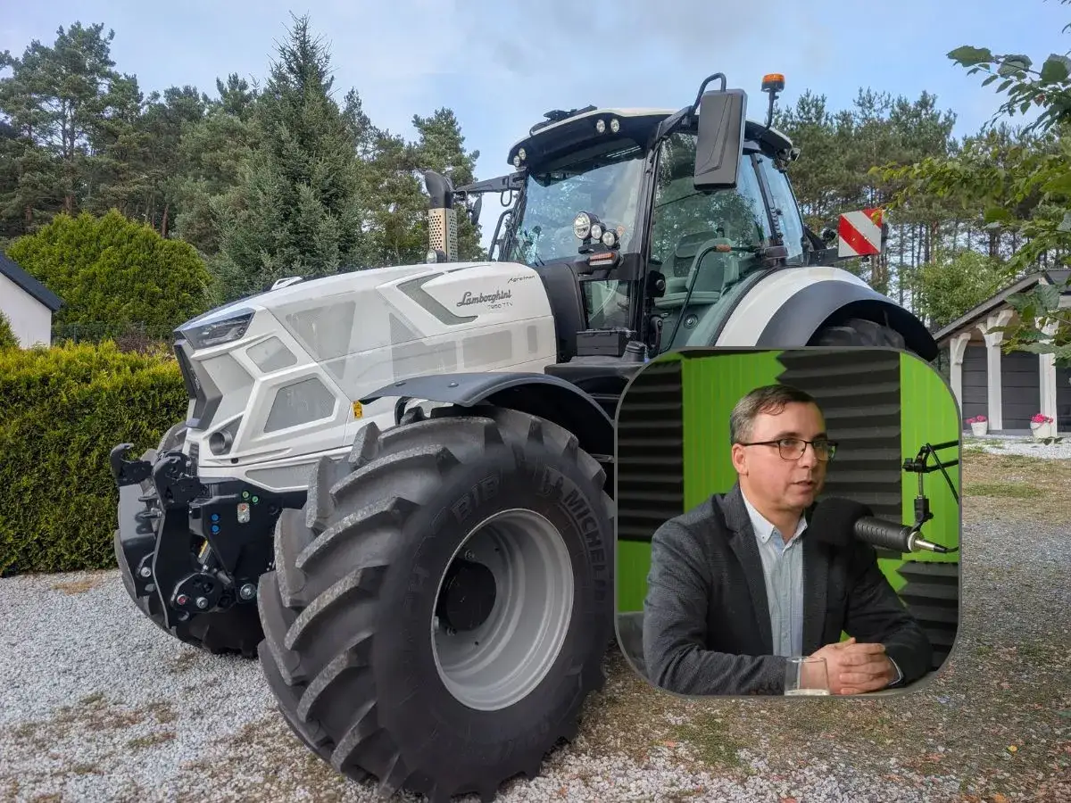 Ciągnik Lamborghini 260TTV i mężczyzna w okularach omawiający, ile kosztuje ciągnik rolniczy.