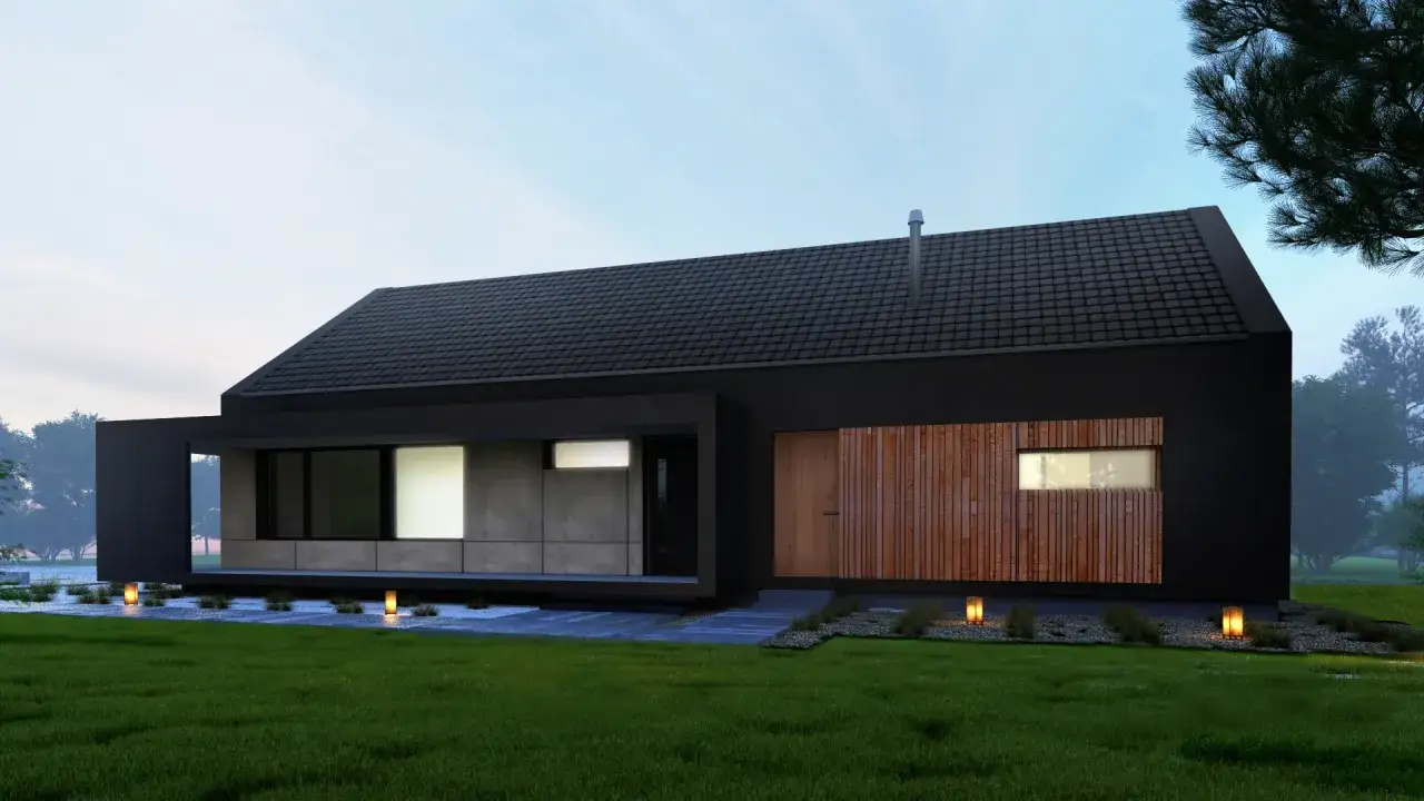 elewacja z drewnem i antracytowym dachem, dom z betonem architektonicznym i antracytowym dachem