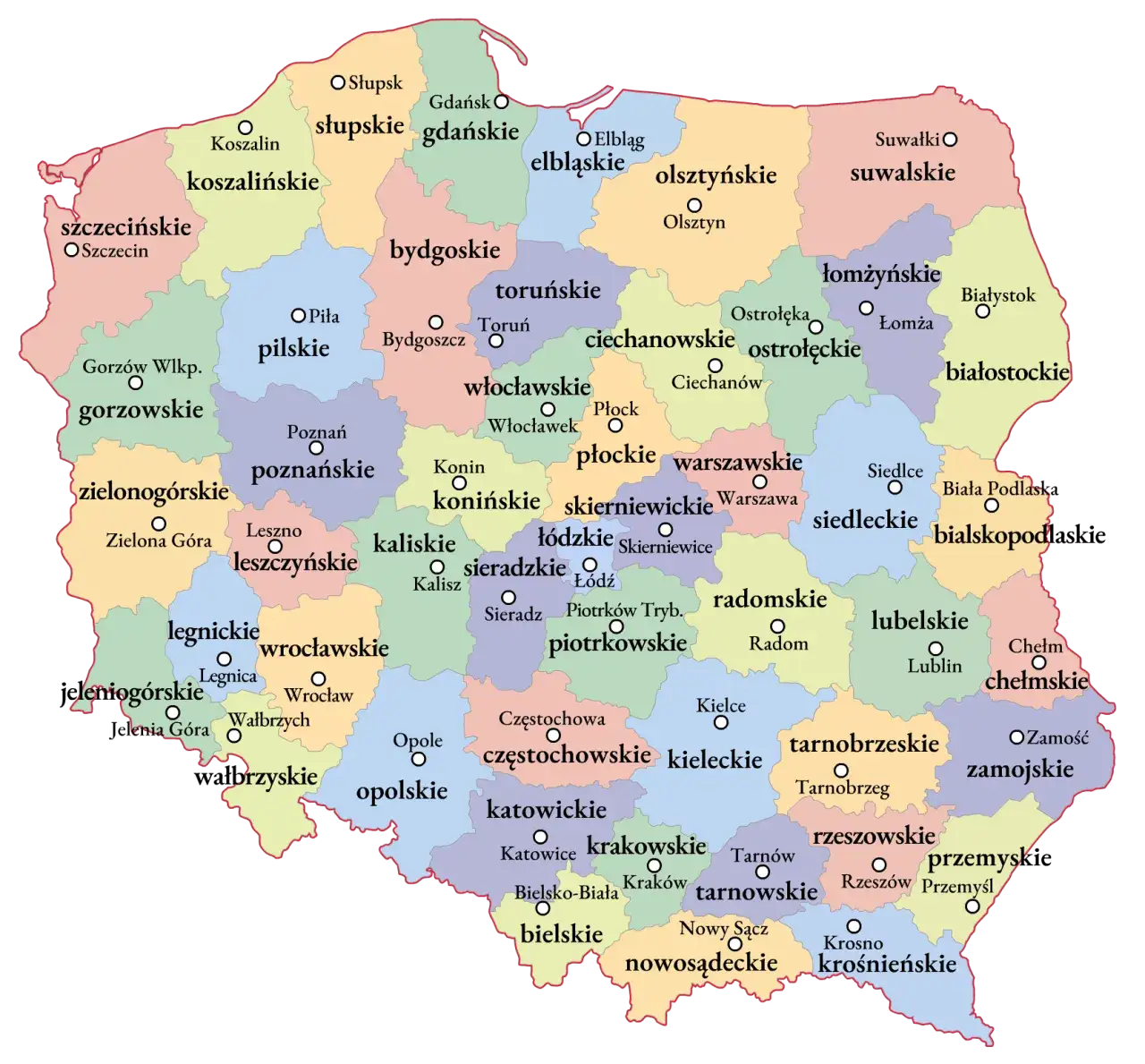 Mapa Polski z zaznaczonymi miastami: Warszawa, Ł&oacute;dź, Bydgoszcz, Poznań