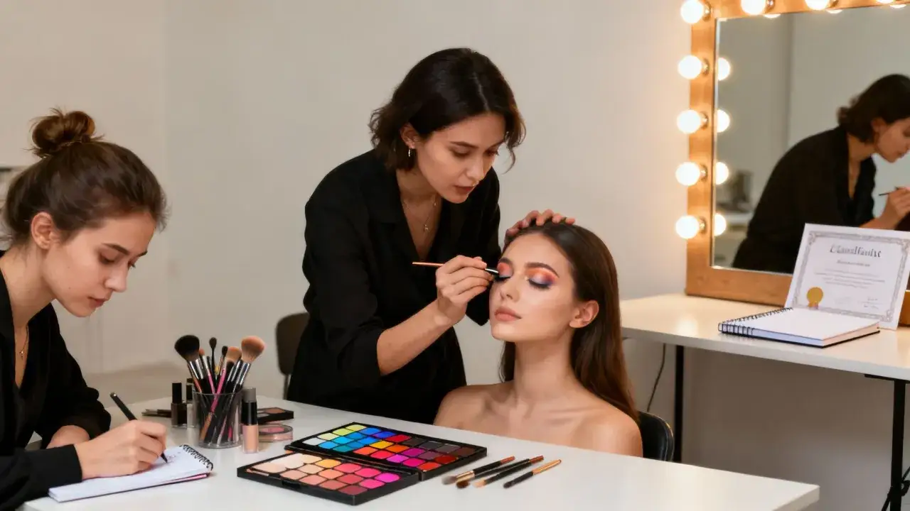 Makijażystka tworzy artystyczne oko na modelce. Obok druga osoba notuje, a na stole palety cieni i pędzle.