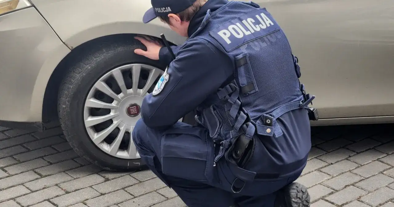 Policjant kontrolujący opony samochodu zimą