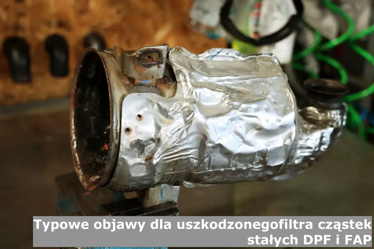 Zniszczony filtr DPF, zgnieciony i skorodowany. Widać, ile popiołu w dpf może się nagromadzić, prowadząc do uszkodzenia.