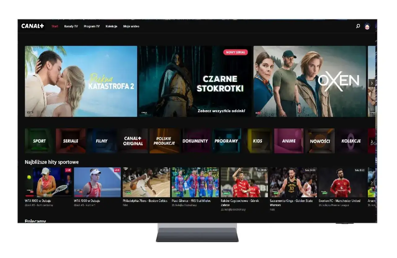 Ekran główny aplikacji Canal+ na telewizorze Samsung. Zobacz, jak zainstalować nc go na telewizorze Samsung, przeglądając dostępne seriale, filmy i transmisje sportowe.