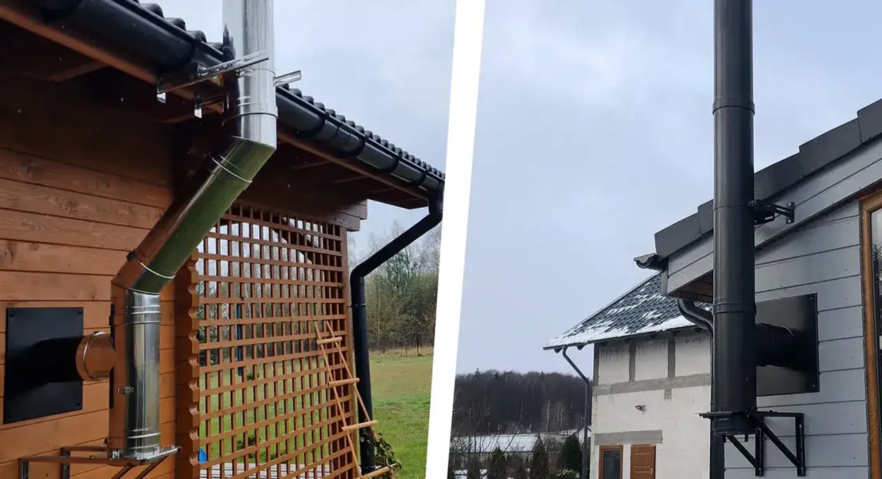 Dwa kominy przy domach. Czy komin to budowla prawo budowlane? Oba systemy odprowadzania spalin są zamontowane na zewnątrz.