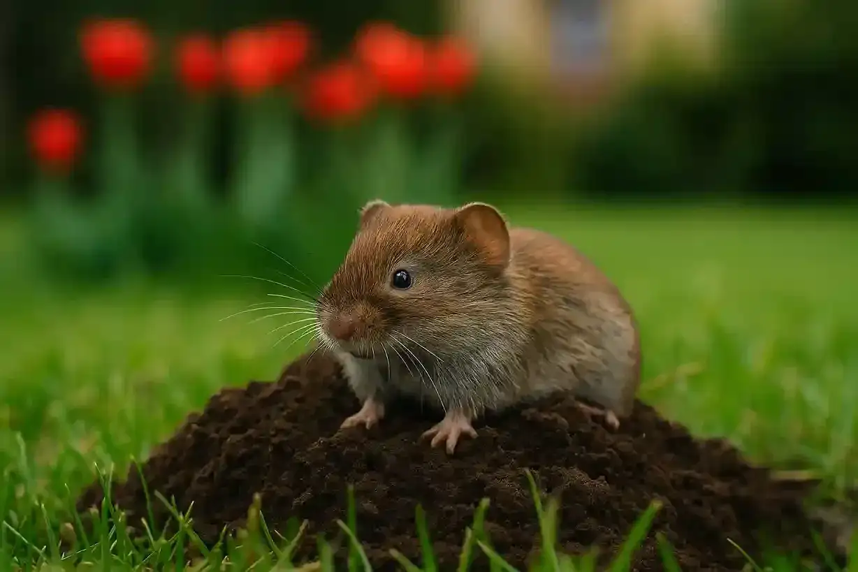 Mały karczownik siedzi na kopczyku ziemi w ogrodzie, wśr&oacute;d zielonej trawy i czerwonych tulipan&oacute;w.