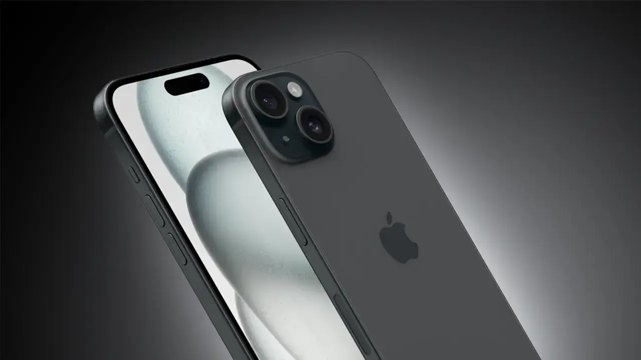Ciemnoszary iPhone 15 z podwójnym aparatem i charakterystycznym wycięciem na ekranie.