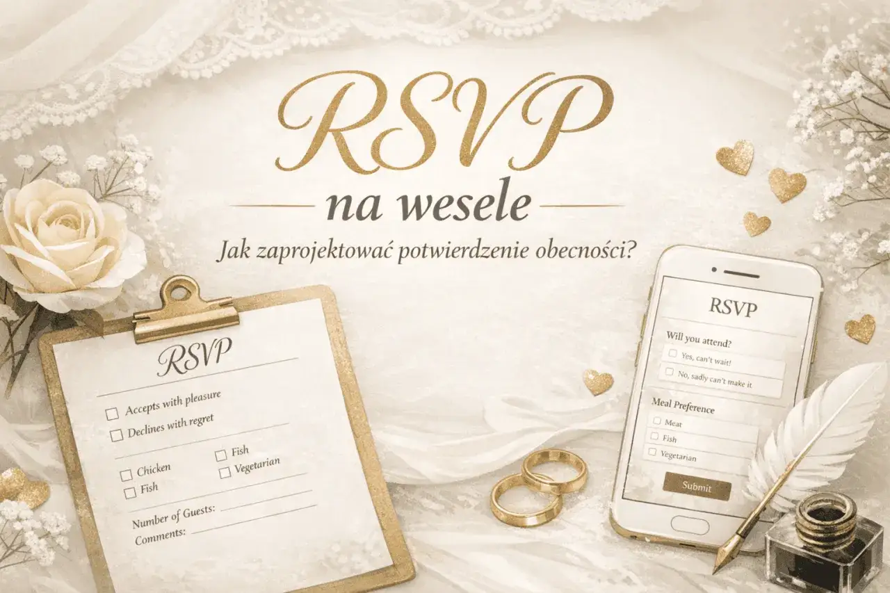 Eleganckie zaproszenie na wesele z opcją RSVP na telefonie i kartce. Planując międzynarodowe wesele, logistyka wysyłki zaproszeń jest kluczowa.