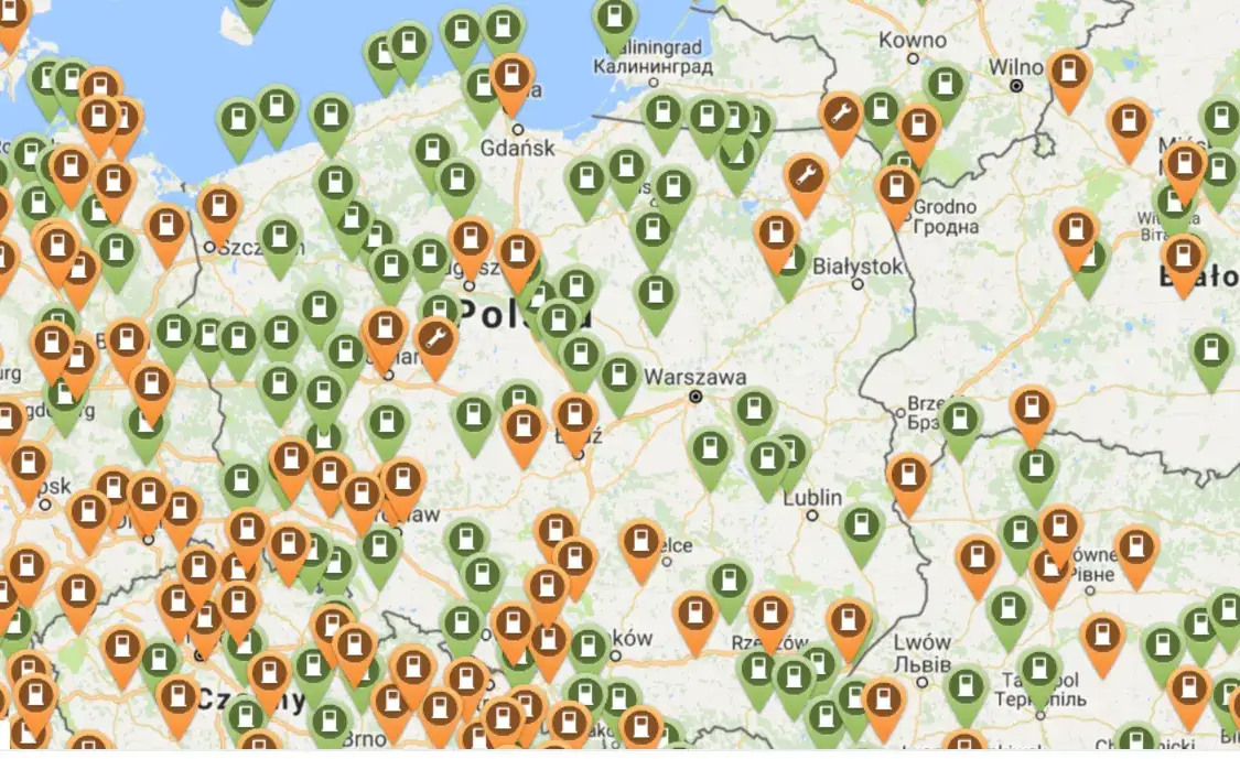 mapa stacji ładowania samochod&oacute;w elektrycznych Polska
