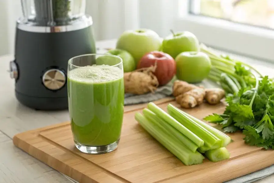 świeży seler naciowy i sprzęt do robienia soku