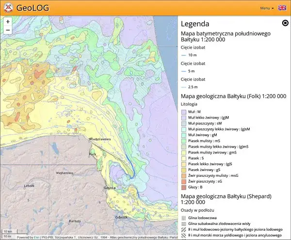 mapa batymetryczna polskiego wybrzeża Bałtyku z zaznaczonymi głębiami i ławicami