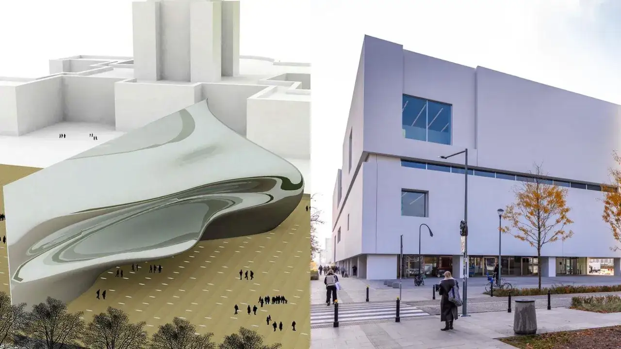 Nowe muzeum sztuki nowoczesnej Warszawa: wizualizacja projektu i jego realizacja. Biała, geometryczna bryła budynku kontrastuje z płynną formą obiektu na wizualizacji.